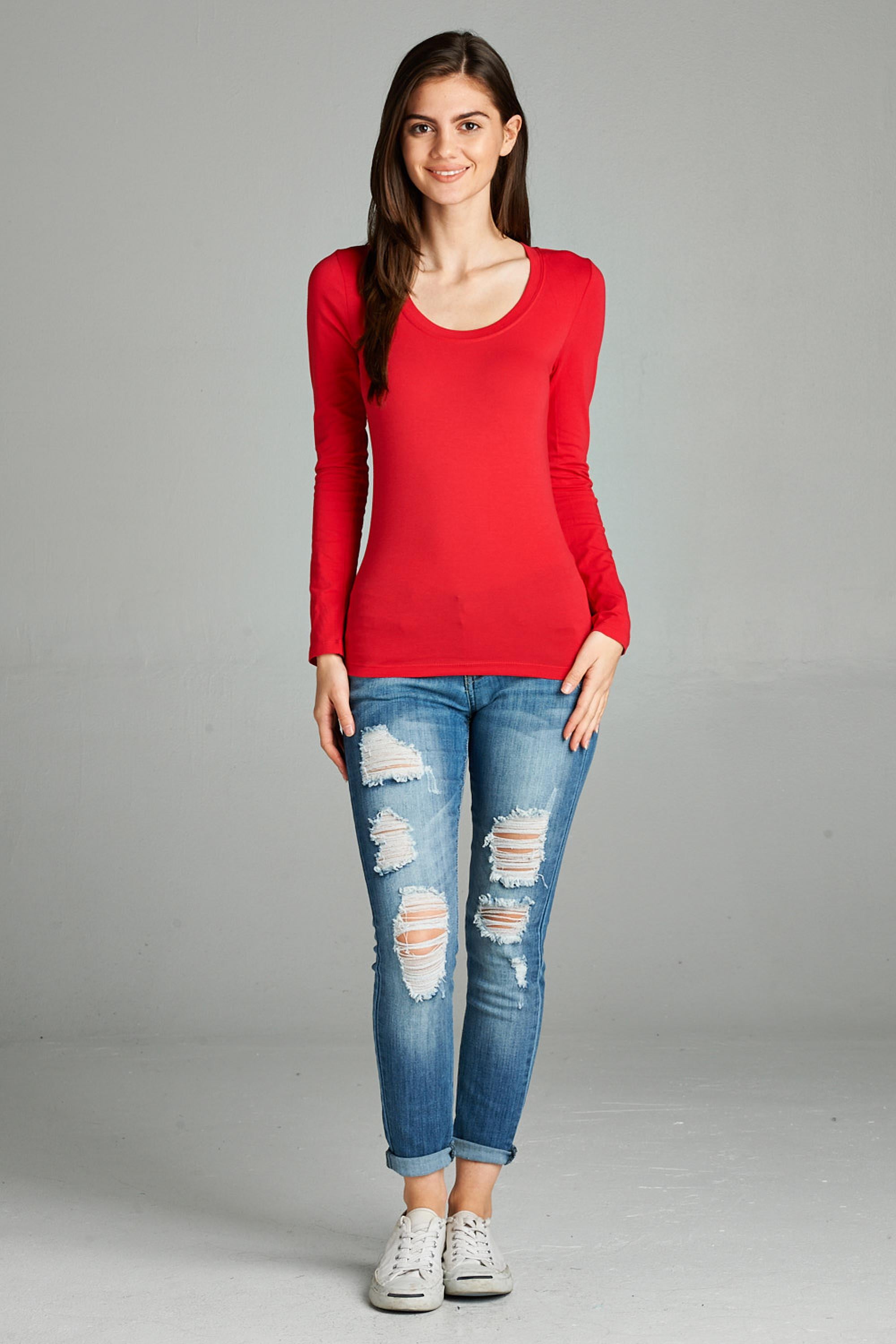 red scoop neck shirt