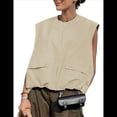 thumbnail image 3 of Chaleco Informal con Cremallera para Mujer, Estilo Cargo, Extragrande, con Dobladillo Fruncido, Sin Mangas, Chaquetas y Tops. Caqui M, 3 of 8