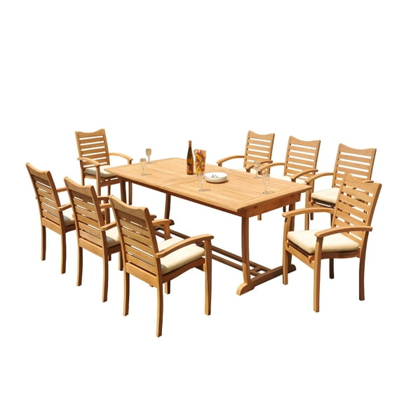 Grade-A Teak Dining Set: 8 Seater 9 Pc: 94" Mas Rectangle Trestle Leg Table And 8 Aspen Stacking Arm Chairs Outdoor Patio WholesaleTeak #51AP2109