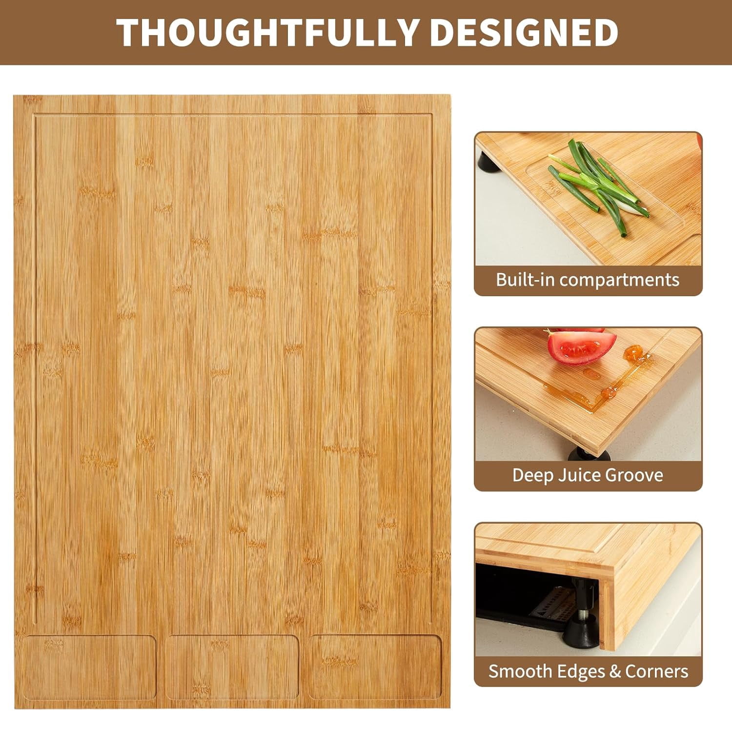 M optimized Bamboo Cutting Board & Stovetop Cover - Raised Chopping Board with Detachable Legs, Juice Groove & Compartments - Versatile Sink Cover for Home and Restaurant Kitchen Countertops