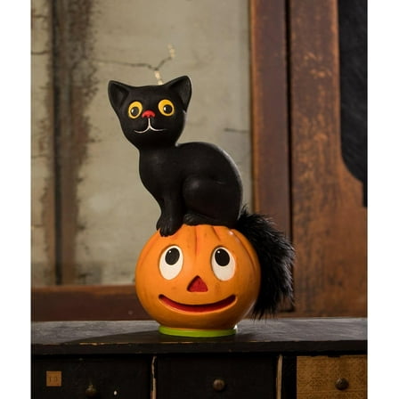 Bethany Lowe Vintage Seated Black Cat on Pumpkin Halloween Figure