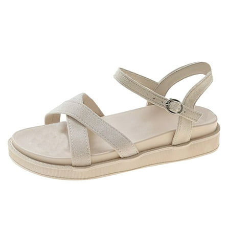 

CLZOUD Womens Hiking Sandals Beige Women Sandals Fashion Solid Color Summer Simple Thick Bottom Flat Bottom Comfortable Beach Sandals Buckle Strap Casual Shoes 37