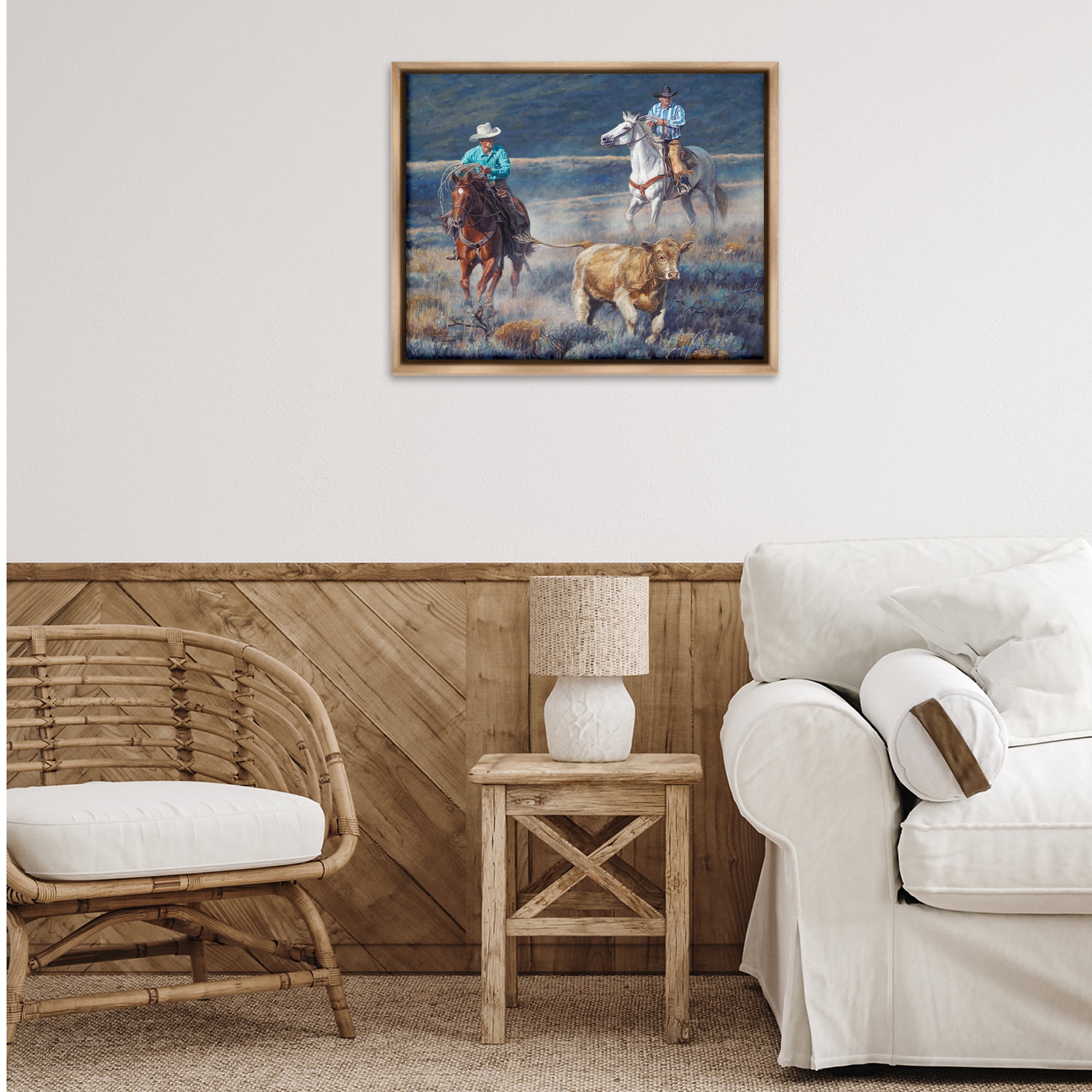 Stupell Industries The Chase Cowboys Landscape Painting Brown Floater Framed Canvas Art Print Wall Art, 31 x 25