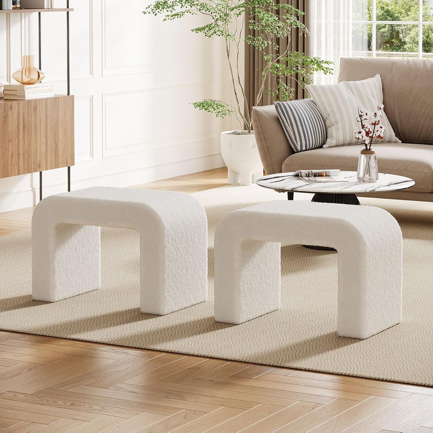 Modern Vanity Stool, Upholstered Ottoman, Arched Footstool, Sofa Footrest, Fully Assembled, White