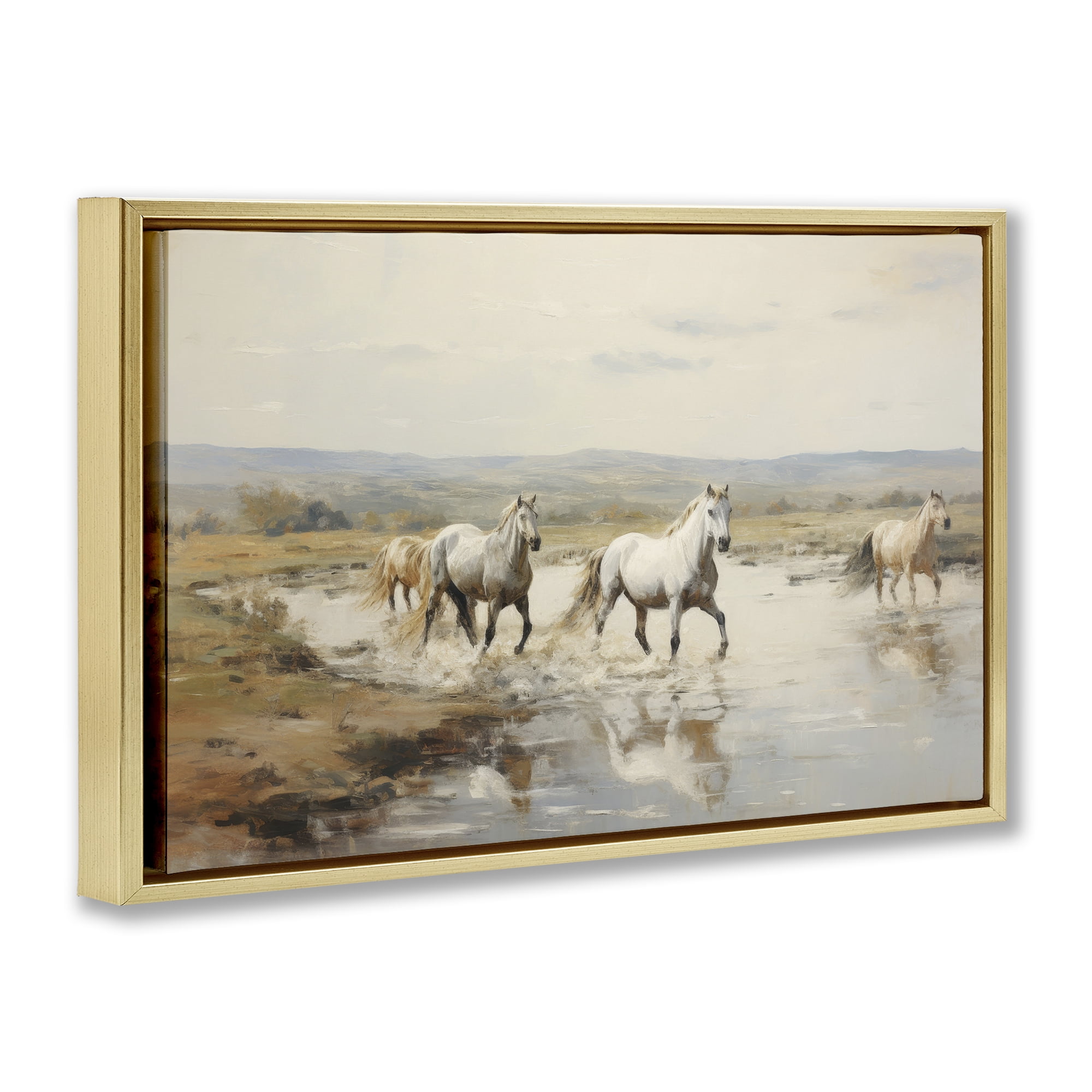 Stupell Industries Free Horses Running Landscape Painting Gold Floater Framed Canvas Art Print Wall Art, 25 x 17