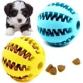 thumbnail image 1 of Paquete de 2 juguetes de pelota para perros para limpiar los dientes de las mascotas, masticar, buscar, juguetes dispensadores de alimentos IQ Treat Ball (pequeño 2") azul amarillo TUNC Sencillez, 1 of 5