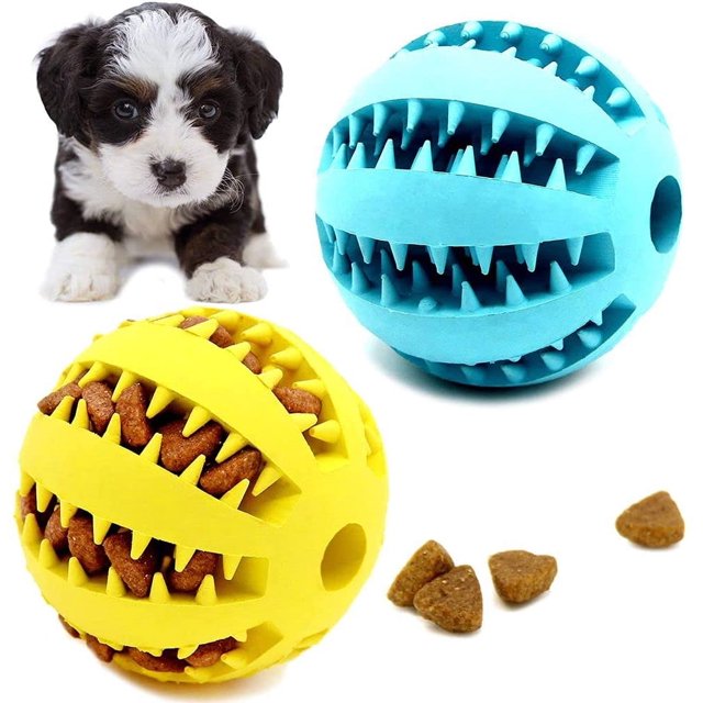 Paquete de 2 juguetes de pelota para perros para limpiar los dientes de las mascotas, masticar, buscar, juguetes dispensadores de alimentos IQ Treat Ball (pequeño 2") azul amarillo TUNC Sencillez