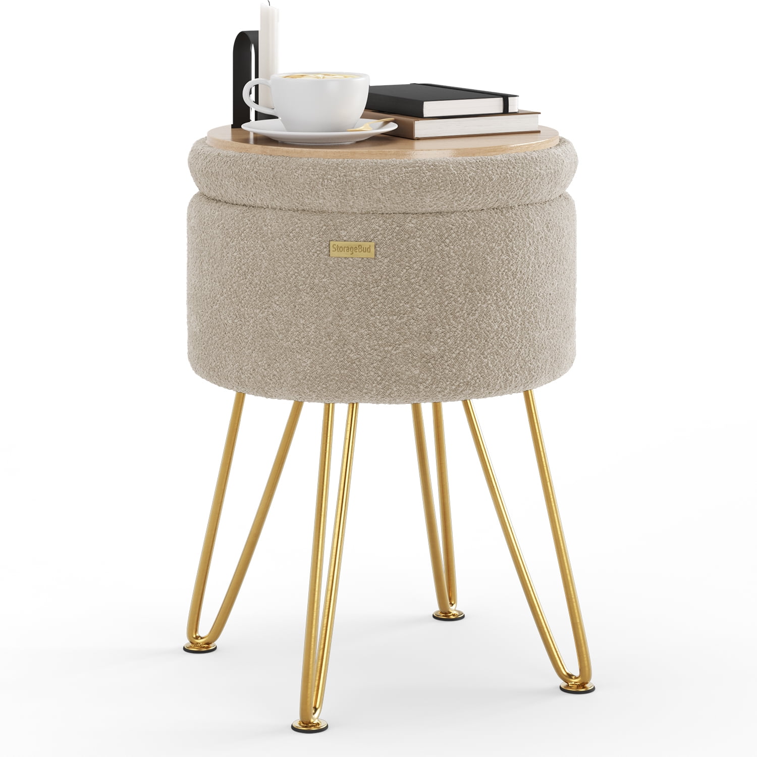 LammaLoe Small Round Ottoman with Storage, Boucle Ottoman Foot Stool with Lid, Upholstered Vanity Stool for Living Room & Bedroom, Beige