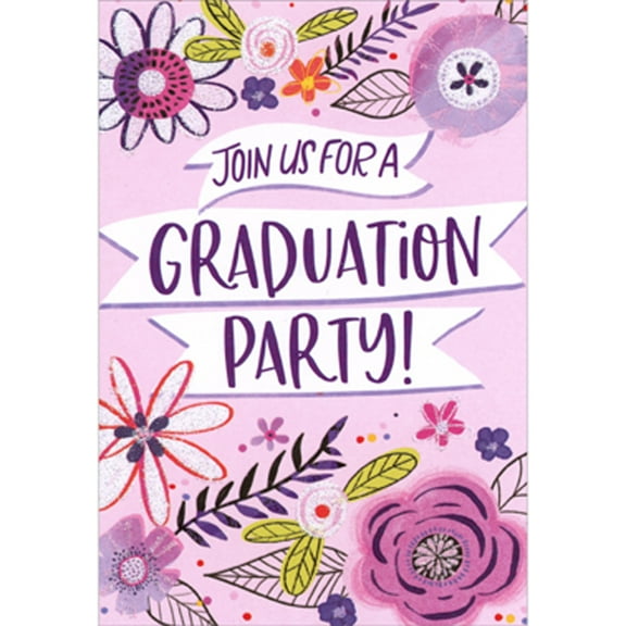 Designer Greetings Join Us: White Banners, Sparkling Glitter Flowers on Pink Package of 8 Juvenile Graduation Party Invitations for Girl