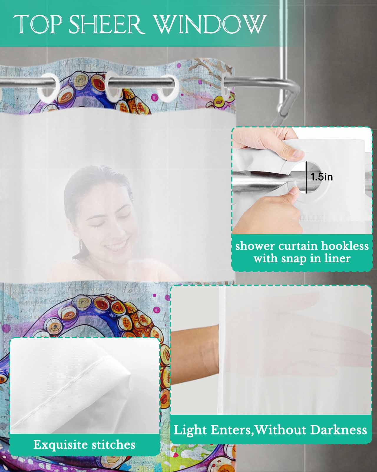 No Hook Shower Curtain with Snap in Liner, Watercolor Summer Ocean Octopus Blue Hotel Shower Curtains for Bathroom, Washable Shower Curtain Liner Set with Mesh Top Window, 36"x78"