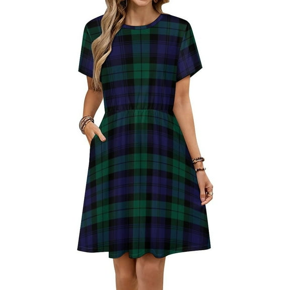 Modern Cute Blue And Green Plaid Sundress Short Sleeve Dress Summer Women Clothes Dress for Women Dresses