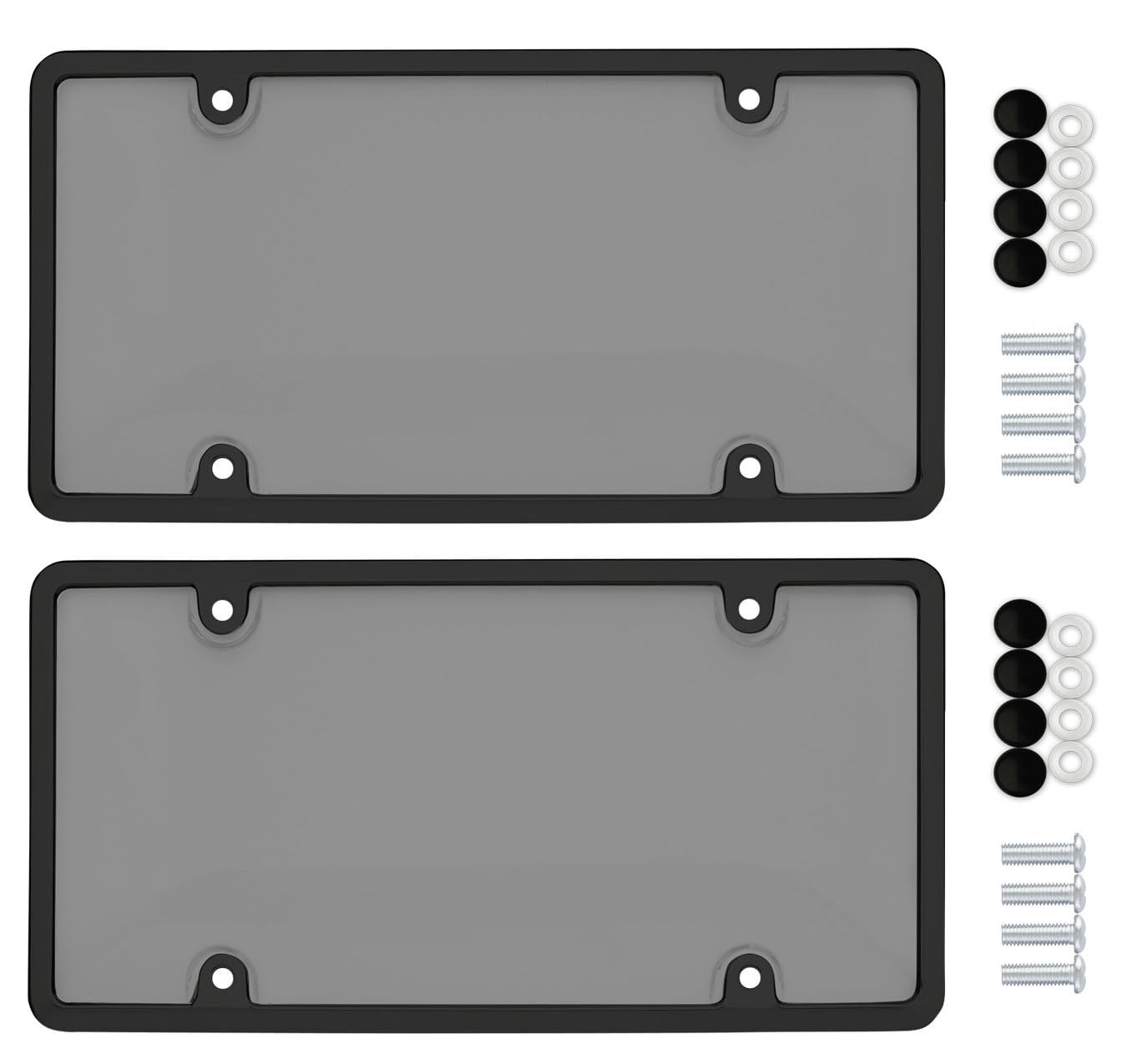 2 UNBREAKABLE TINTED SMOKE LICENSE PLATE SHIELD COVERS + 2 BLACK FRAMES