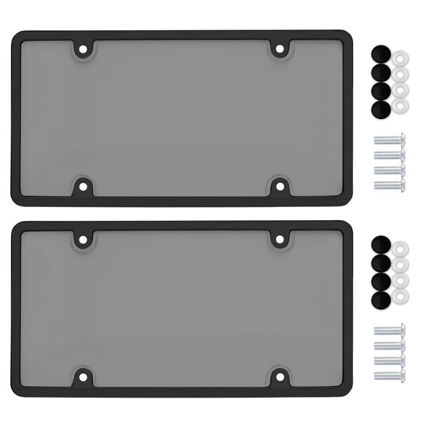 2 UNBREAKABLE TINTED SMOKE LICENSE PLATE SHIELD COVERS + 2 BLACK FRAMES