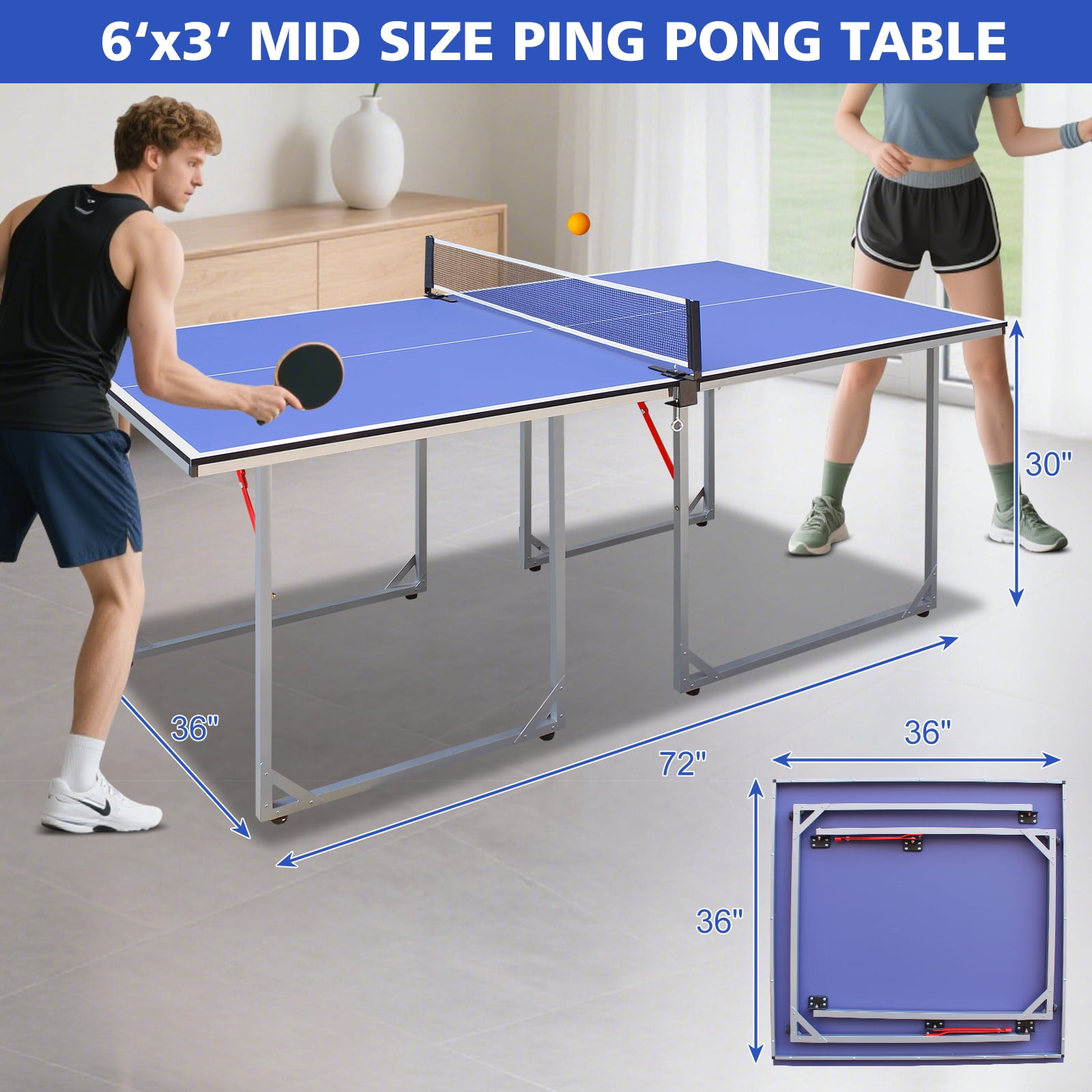HooKung 6ft Ping Pong Table Foldable Table Tennis Table for Indoor Outdoor with Net, Table Tennis Paddles and Balls, Multi-Use Family Game Table for Kid Teenager Adult