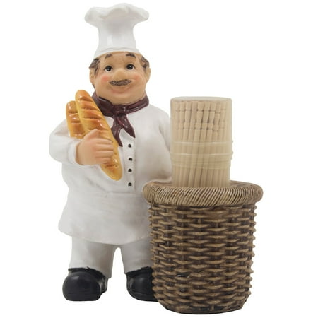 French Chefs Figurines Decorative French Chef Henri Toothpick Holder Display Stand Figurine with Faux Gourmet Bread and Wicker Basket for Kitchen Decor by Home 'n Gifts ()