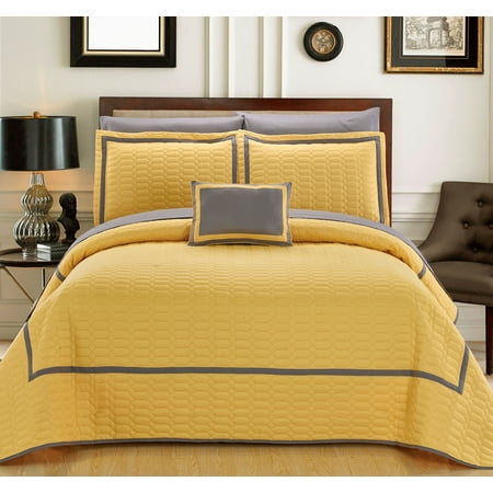 Jewel Tone Comforter Chic Home 8-Piece Nero Hotel Collection 2 tone banded Quilted Geometrical Embroidered, Quilt in a bag, Includes sheets set Queen Quilt Set Yellow Shams and Decorative Pillows included ()