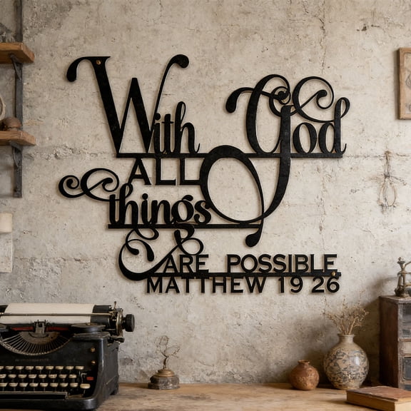 With God All Things Are Possible Metal Wall Decor, 10x12 Inch Religious Scripture Bible Verse Wall Art, Black Christian Wall Hanging Decoration for Farmhouse Living Room Bedroom Home Office