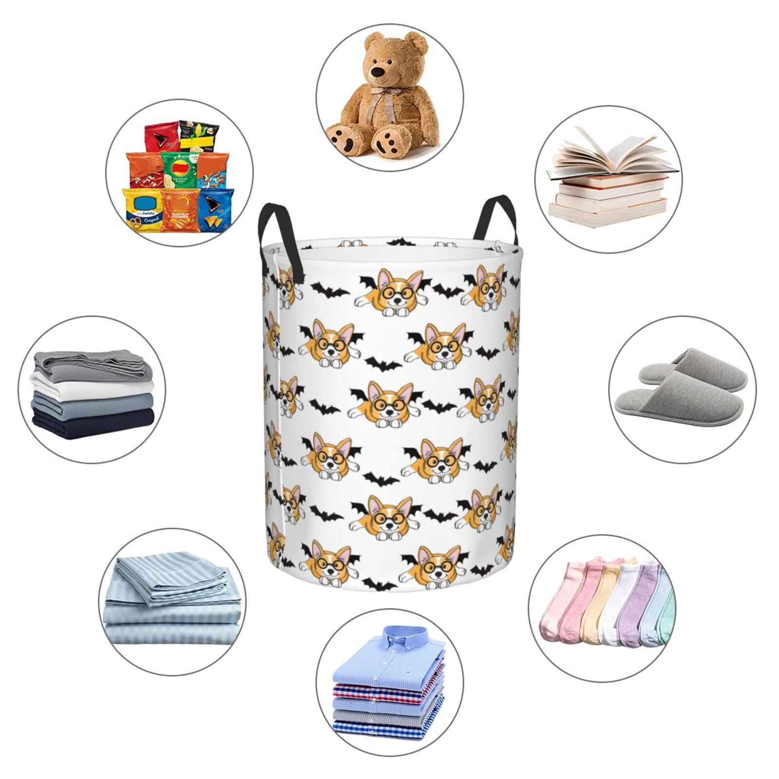 Large Laundry Basket with Handles - cute Halloween corgi dog bat Kids Baby Dirty Clothes Laundry Hamper for Bedroom Aesthetic
