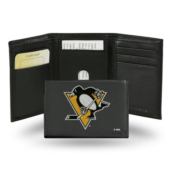 Pittsburgh Hockey Penguins Embroidered Team Logo Black Leather Trifold Wallet