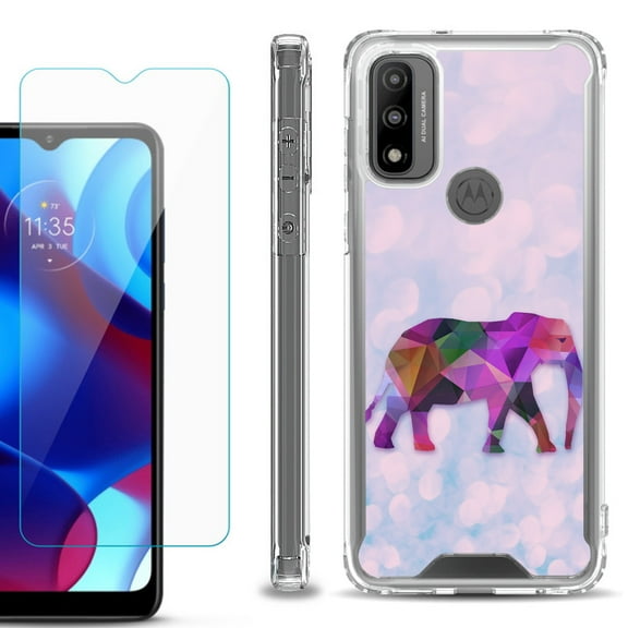 Shockproof Bumper Phone Case for Motorola Moto G Pure, with Tempered Glass Screen Protector, by OneToughShield ® - Elephant /Polygon