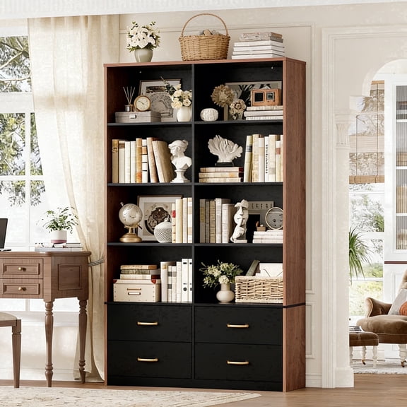 Pikvki 71" Tall Bookshelf with 4 Drawers, 6-Tier Double Wide Bookshelves and Bookcases with Storage for Home Office, Walnut
