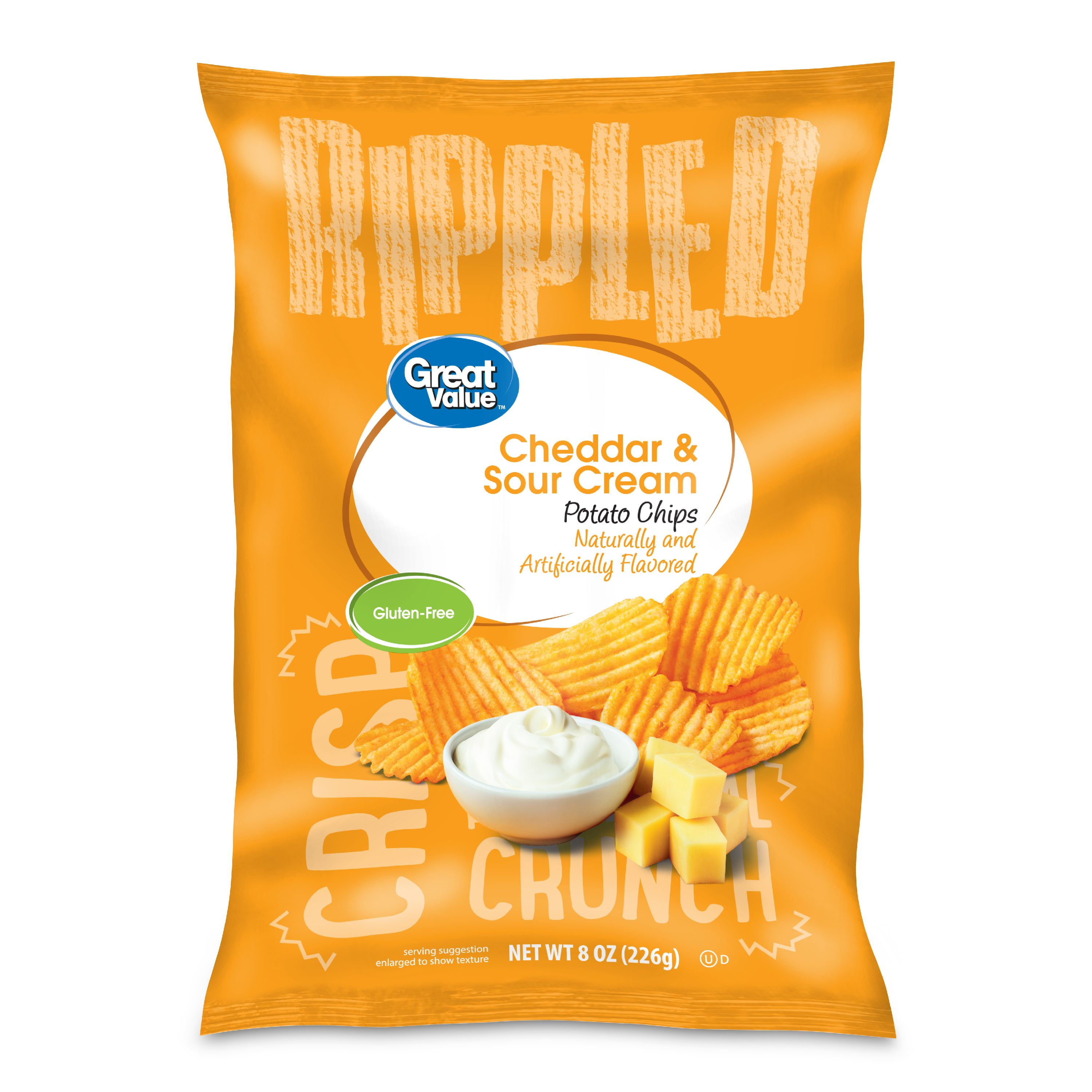 Great Value Cheddar & Sour Cream Rippled Potato Chips, 8 oz