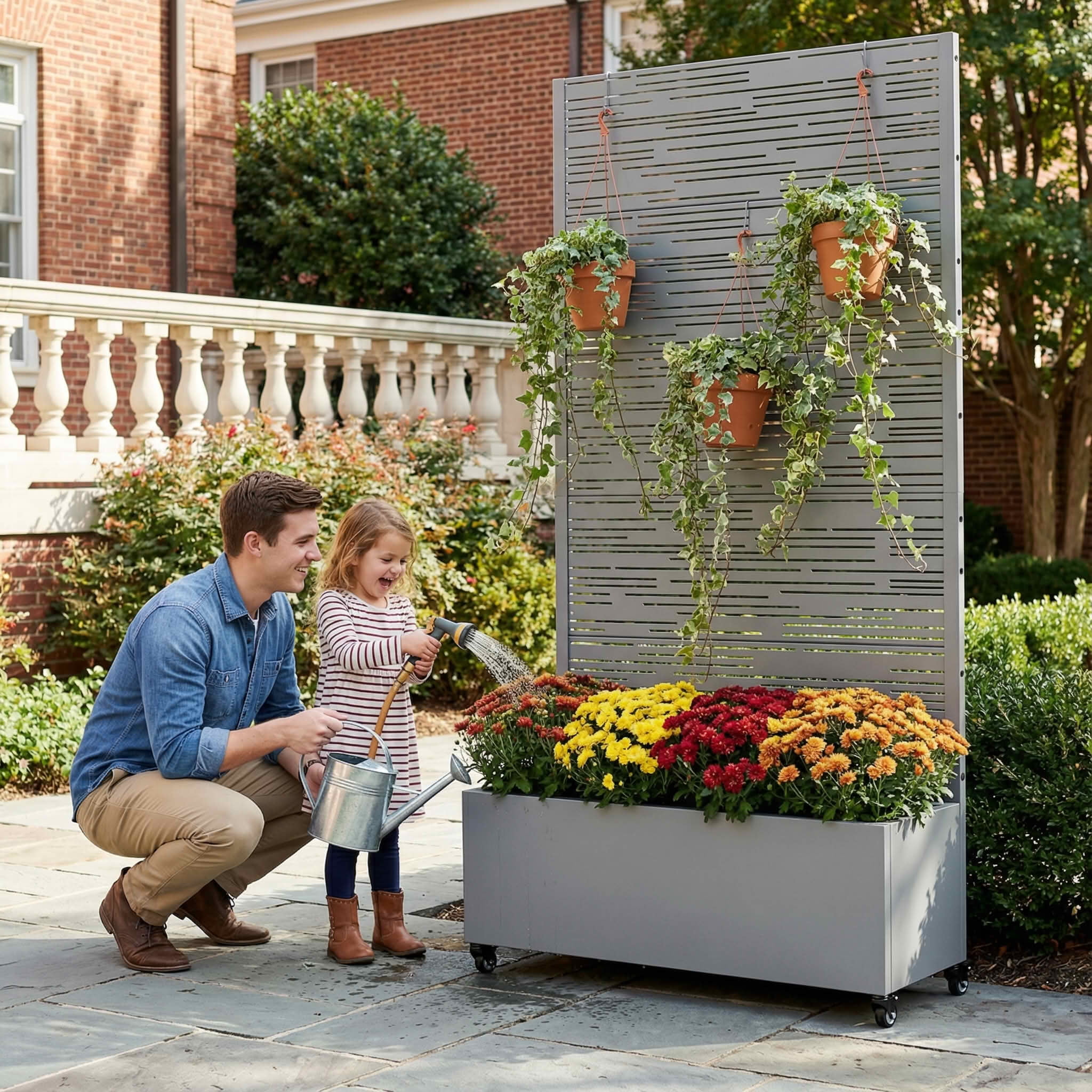 MAYEERTY 72X35" Metal Outdoor Gray Privacy Screen with Planter Box for Backyard & Garden, 5 Piece Set