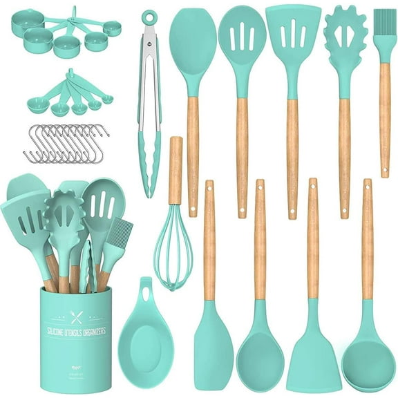 Chef Kitchen Cooking Utensils Set, 24 pcs Non-stick Silicone Cooking Kitchen Utensils Spatula Set with Holder, Wooden Handle Heat Resistant Silicone Kitchen Gadgets Utensil Set (Green)