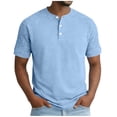 thumbnail image 3 of Fengqque Mens Henley Shirts Short Sleeve Casual Summer Basic T-Shirts 3 Button Solid Collarless Shirts for Work Light Blue L(L), 3 of 6