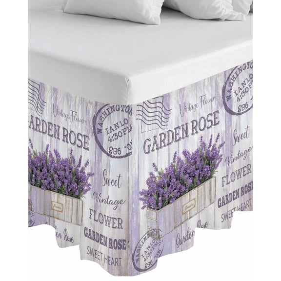 Purple Vintage Lavenders Wrap Around Bed Skirts for King Bed 18" Drop,Bed Skirt with Adjustable Elastic Belt Dust Ruffle Bed Valance for Bedroom Hotel Farmhouse Wooden Retro Art Bed Frame Cover
