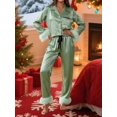 thumbnail image 5 of Womens Green Satin Stripe Pajama Set Long Sleeve Lapel Top Pants With Fur, 5 of 10