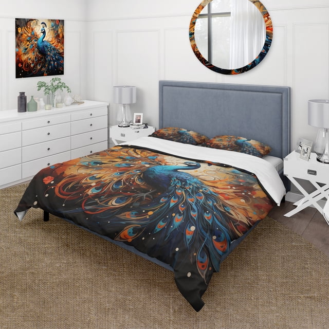 Designart "Peacock Abstract composition II" Animals Bedding Covert Set - Peacock Blue Children's Art Bed Set With 2 Shams