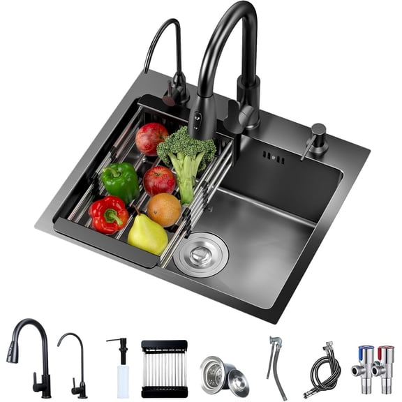 Black Kitchen Sink, Waterfall Kitchen Sink, Stainless Steel Single Bowl Sink, Includes Drainage Pipes and Fruit Baskets, Corner Kitchen Workstation Sink (19.7" x 17.7")
