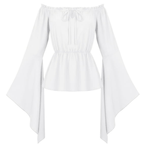 FEOYA Women Steampunk Blouse Gothic Renaissance Tops Off Shoulder Vintage Victorian Shirt Flare Sleeves Medieval Pirate Tops M