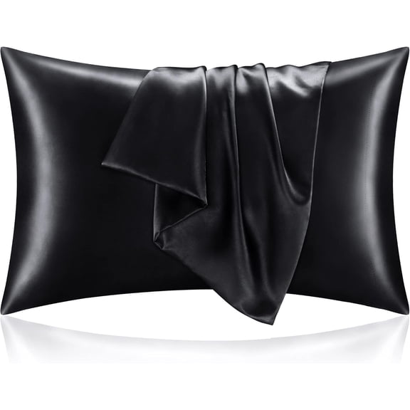 2 Pack Satin Pillowcases for Hair & Skin, Super Soft Polyester Silk Pillow Cases with Envelope Closure, 20x30 Inches, Black