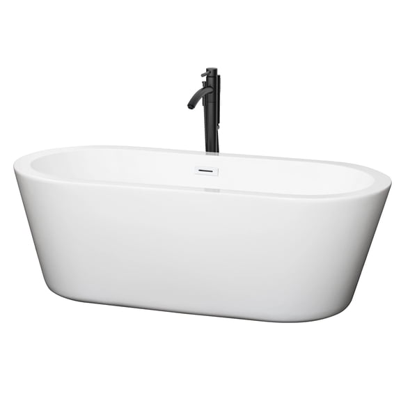 Mermaid 67 Inch Freestanding Bathtub in White with Shiny White Trim and Floor Mounted Faucet in Matte Black