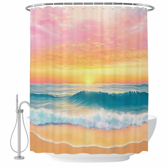 Pink Sunrise Fabric Shower Curtain Sea Beach Waves Washable Shower Curtains for Bathroom, Waterproof Bath Curtain with Hooks Home Decor 36x72in