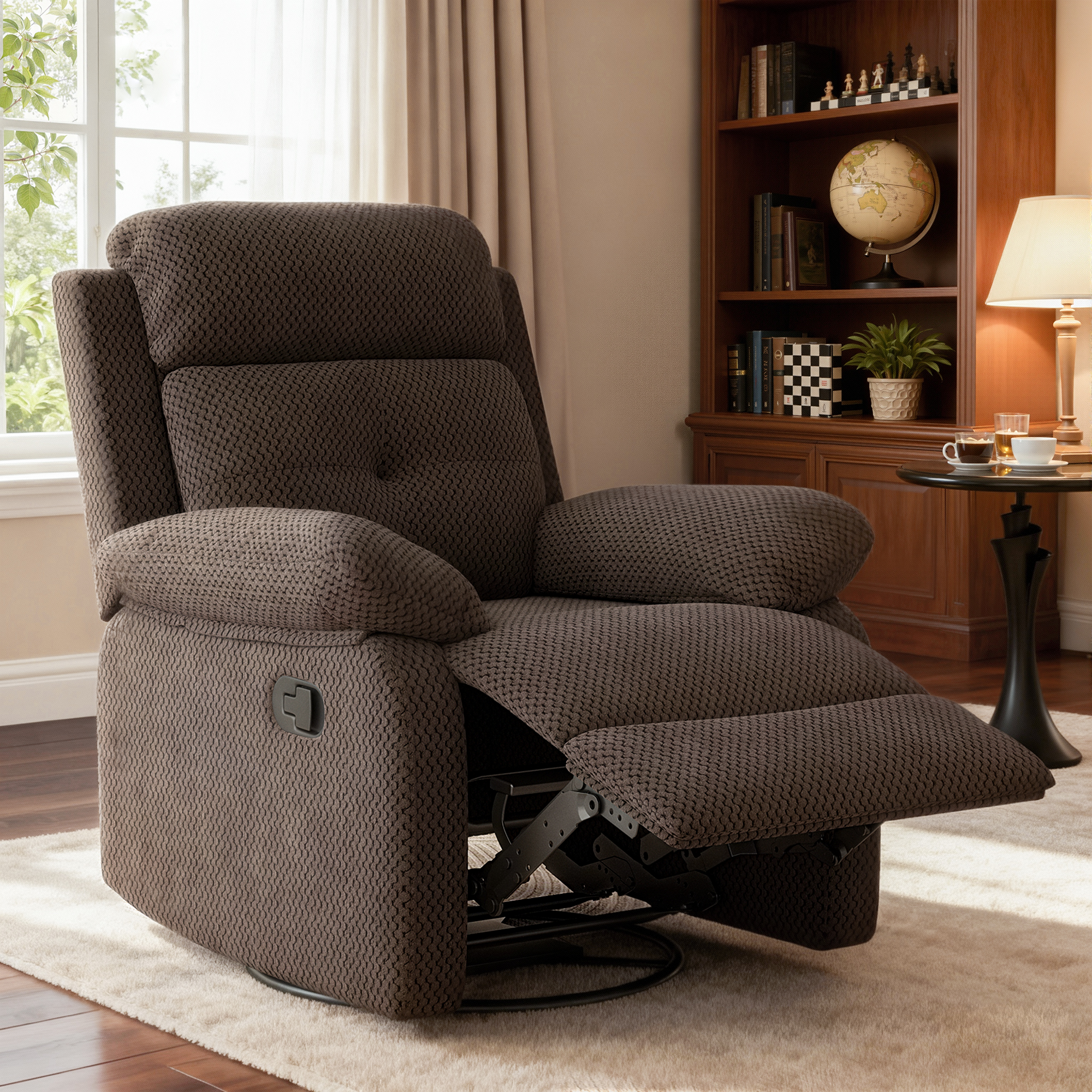 MAYEERTY Chocolate Small Swivel Rocker Recliner for Women, Space-Saving Design for Bedroom & Living Room