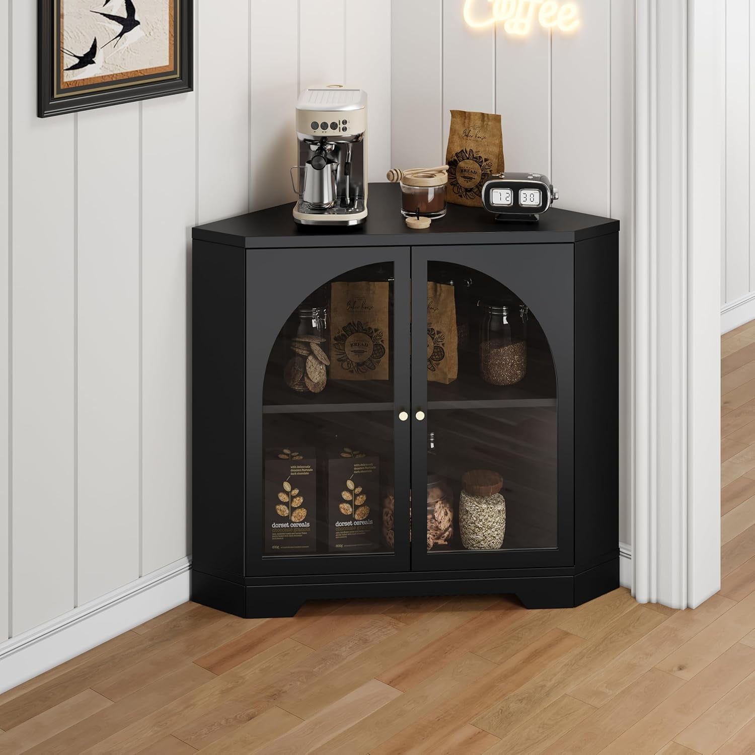 Weselon Modern Small Corner Sideboard Cabinet with 2 Glass Doors and 2 Tier Shelves, 31 Inches
