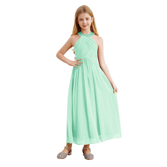 RUNQHUI Robe en Chiffon pour Fille de Fleurs Sans Manches à Sequins Robe de Demoiselle d'Honneur de Mariage Robe de Concours Vert Menthe 16