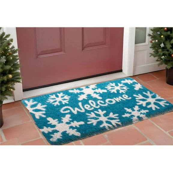 HomeRoots 555491 18 x 30 in. Aqua Blue & White Coir Snowflake Welcome Outdoor Winter Door Mat