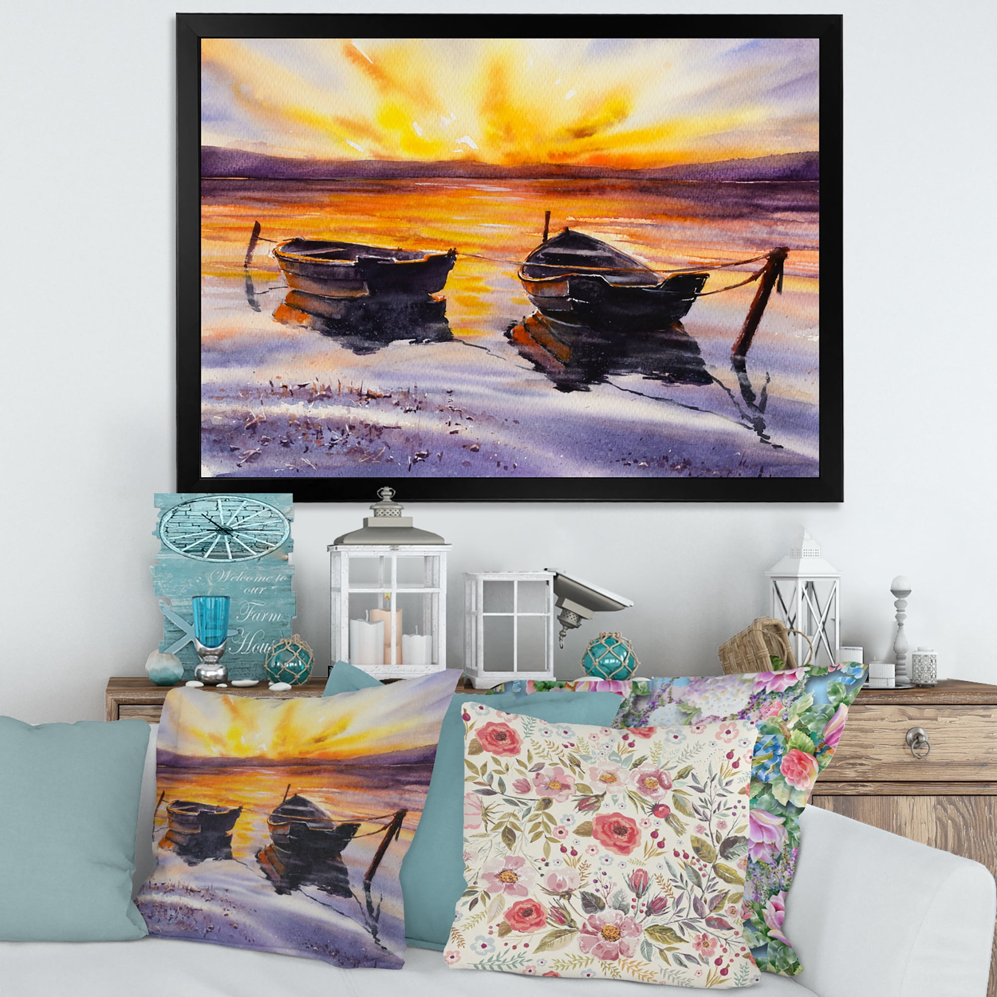 Designart 'Two Small Boats Parking On The Shore and Sunset' Lake House Framed Art Print