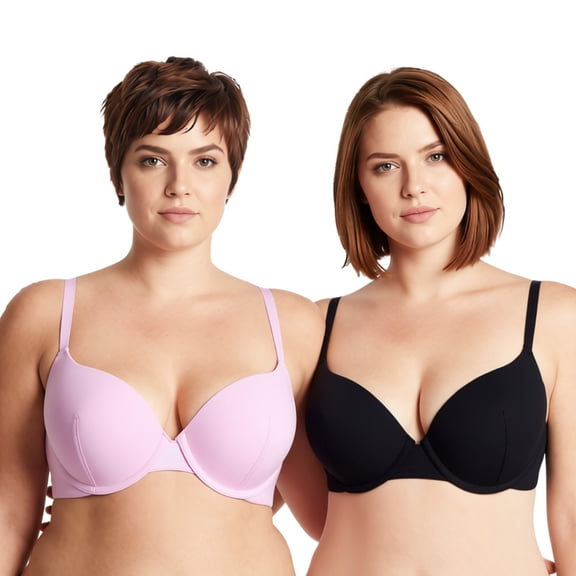 Curve Muse Women's Light Lift Underwire Convertible Add 1 Cup Push Up Tshirt Bra-2PK-Black,Pink-32B