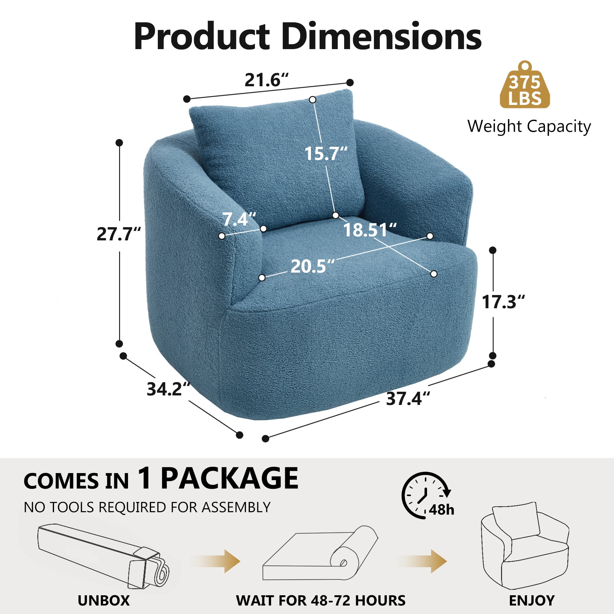 Leumius Swivel Accent Chair,360° Round Upholstered Armchair with One Soft Pillow,Teddy Fleece High-Resilience Sponge Single Sofa for Living Room,Bedroom, Apartment,No Assembly,Blue