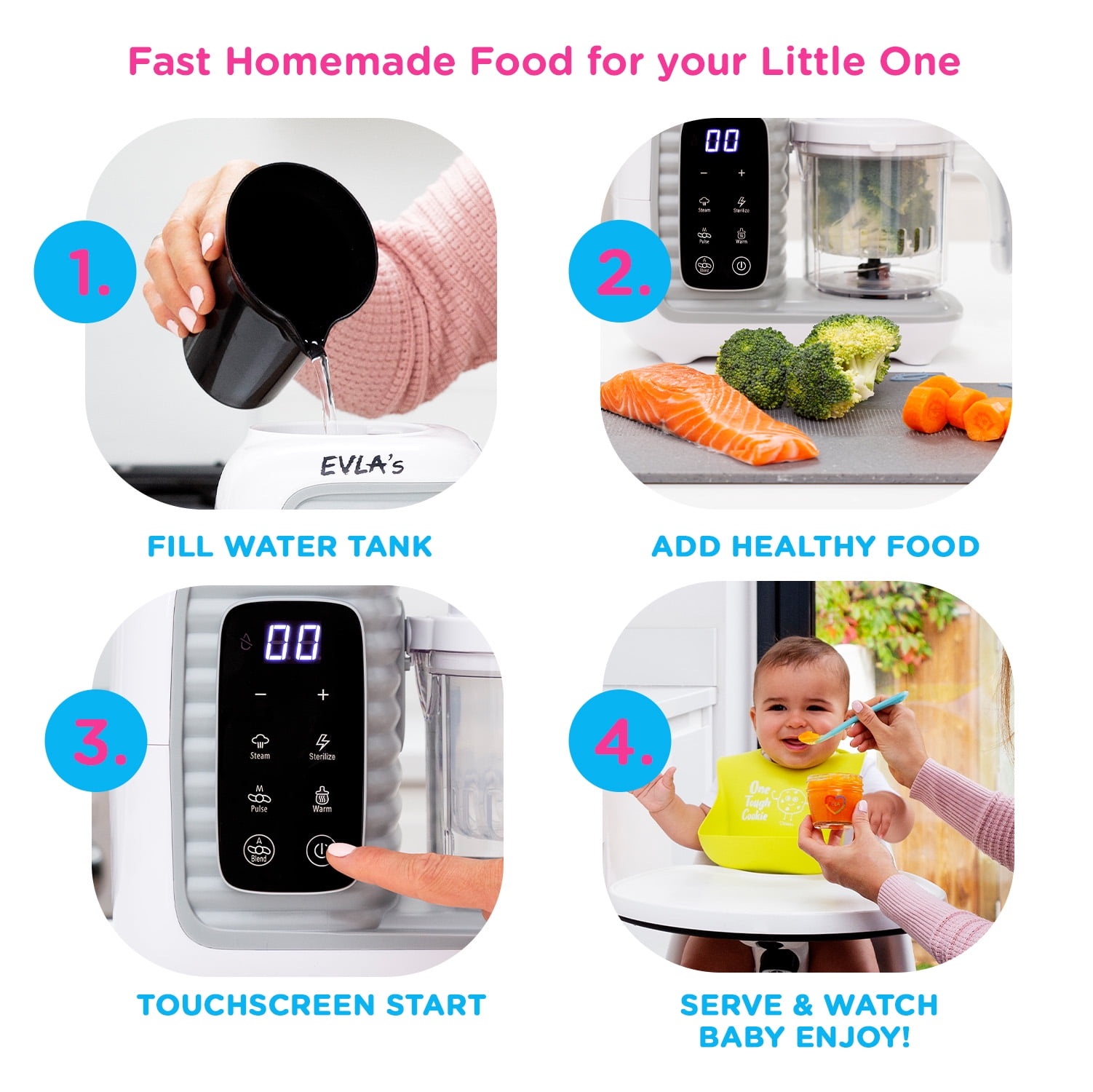 EVLA'S Baby Food Maker with 2 Steaming Cups, Steamer, Blender, Baby Food Processor, Touch Screen, with 6 Reusable Food Pouches, White