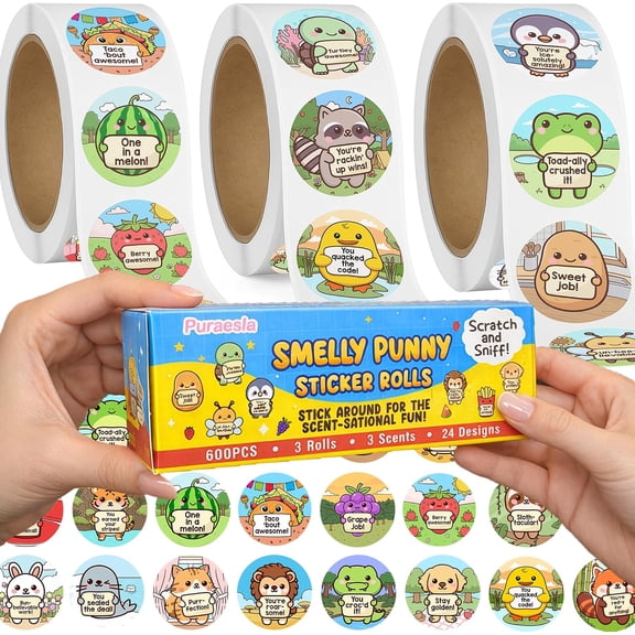 3 Rolls Emotional Support Animals Scratch & Sniff Stickers for Kids by Puraesla – Smelly Affirmation - Cute Scented Sticker for Classroom Rewards, Teacher Supplies & School Motivation