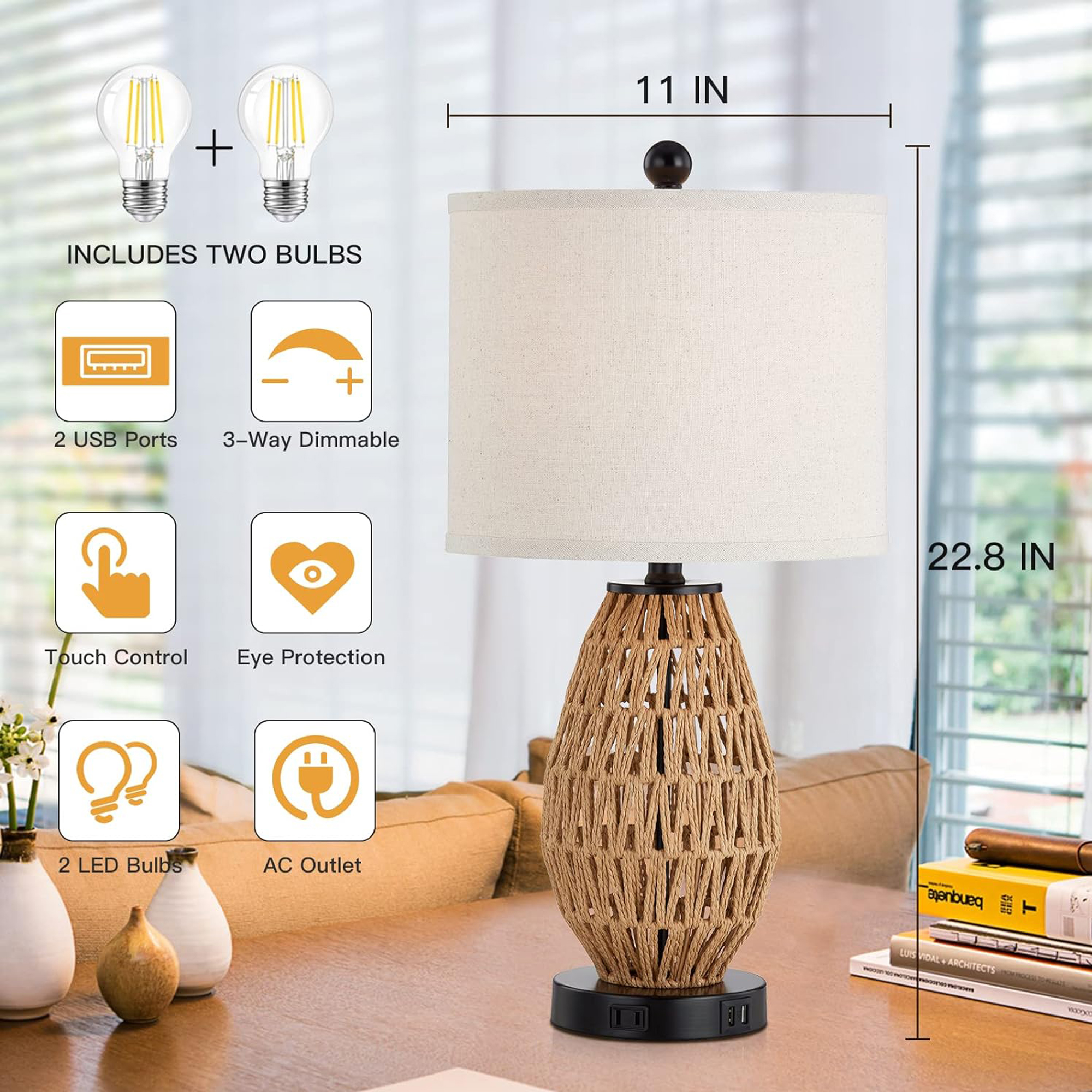 Cinkeda Touch Control Table Lamp with USB Ports AC Outlet Oatmeal Braided Rattan 3 Way Dimmable Bedside Lamp for Living Room Bedroom(1 Bulb) - image 5 of 8