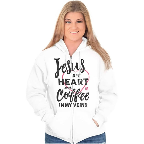 Jesus in Heart and Coffee in Veins Zip Hoodie Sweatshirt Women Brisco Brands S