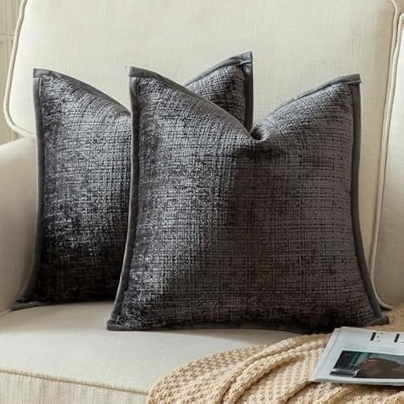 Eryueer Pack of 2 Chenille Textured Decorative Cushion Covers Accent Solid Throw Pillow Covers Soft Cozy Pillow Case with Velvet Back for Couch Sofa Bed Living Room 20x20 Inch 50x50cm Dark Grey