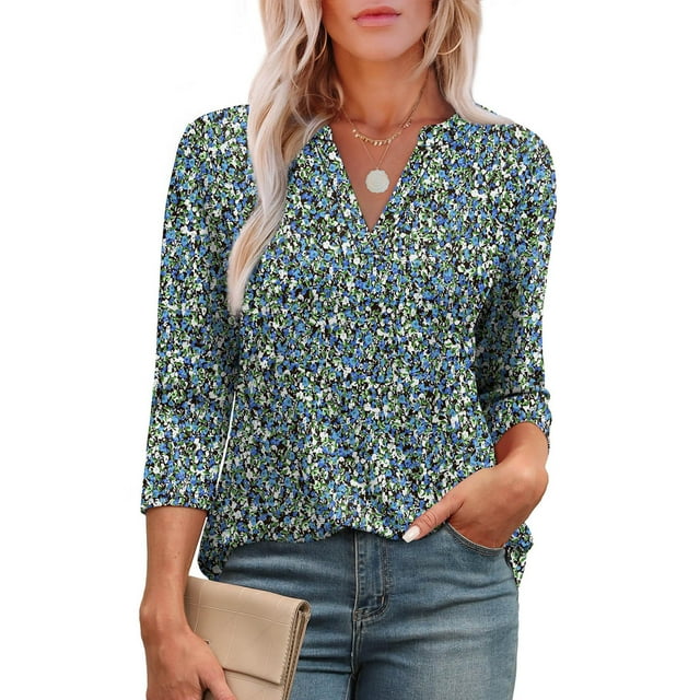 Hauts pour Femmes DYTTDG Mode T-shirt Décontracté Confortable Imprimé Col en V Manches 3/4 Blouse Été Mode Femmes 2025